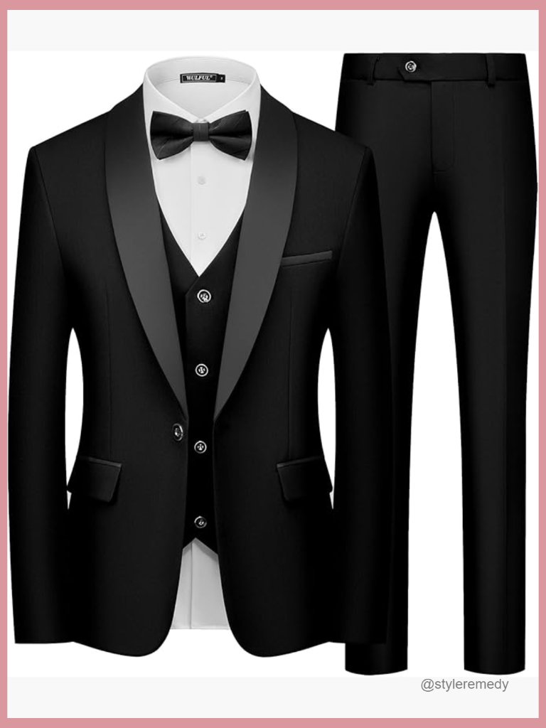 Slim Fit 3 Piece Tuxedo Suit Set With Shawl Lapel Blazer Vest Pants